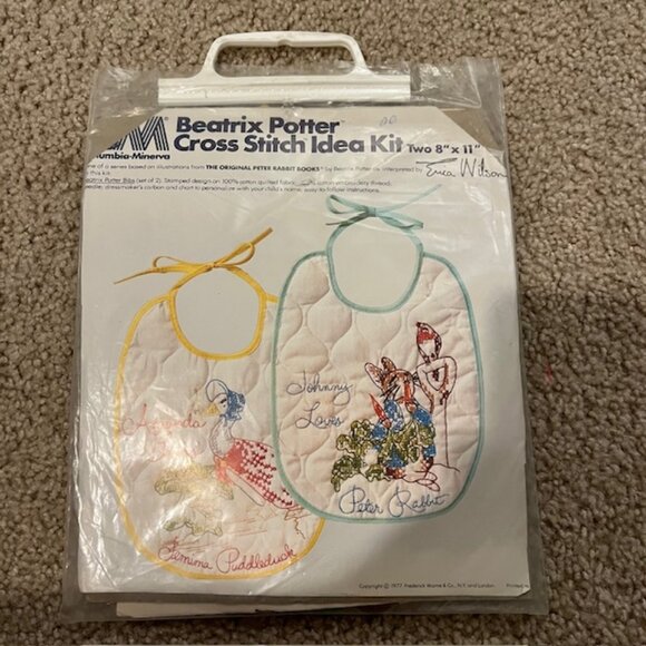 Vintage Beatrix Potter Cross Stitch Idea Kit Peter Rabb Bibs Columbia Minerva - Picture 2 of 6